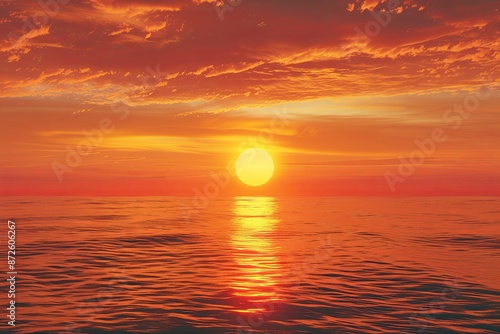 Breathtaking 3D Rendering of a Romantic Sunset Over the Ocean with Red Sky and Orange Light Reflecting on Water, Creating a Warm and Serene Atmosphere © Yi