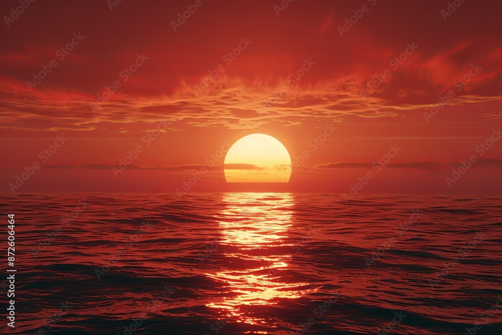Breathtaking 3D Rendering of a Romantic Sunset Over the Ocean with Red Sky and Orange Light Reflecting on Water, Creating a Warm and Serene Atmosphere Breathtaking 3D Rendering of a Romantic Sunset Over the Ocean with Red Sky and Orange Light Reflecting on Water, Creating a Warm and Serene Atmosphere