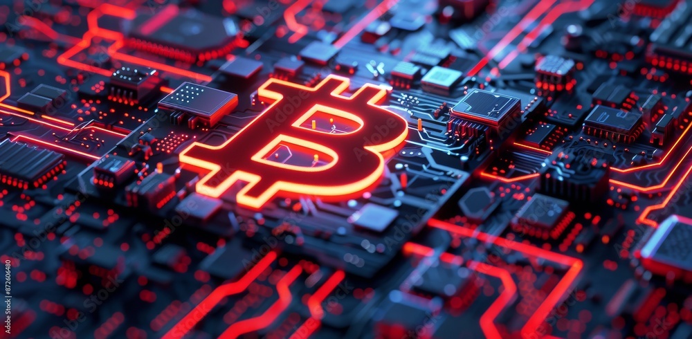 Closeup of a Bitcoin Symbol Illuminated on a Circuit Board Closeup of a Bitcoin Symbol Illuminated on a Circuit Board