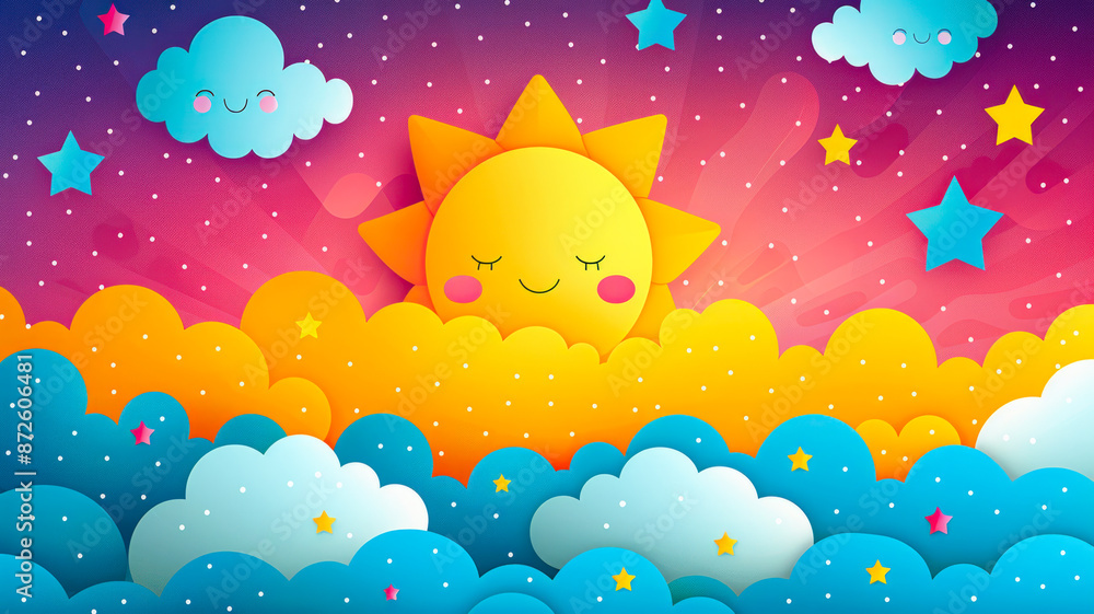Happy Sun and Clouds in a Colorful Sky for Kids' Mindfulness Illustration Happy Sun and Clouds in a Colorful Sky for Kids' Mindfulness Illustration