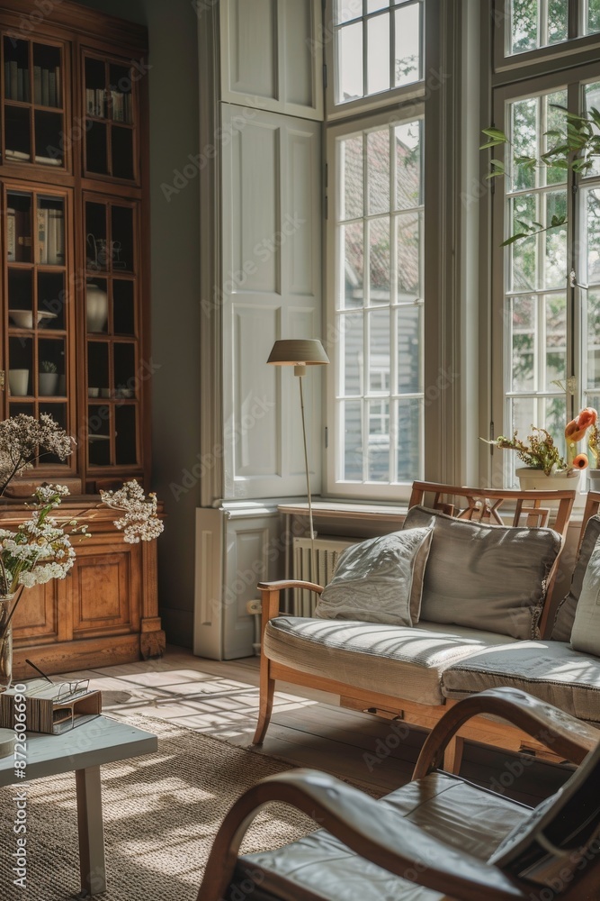 Cozy living room interior with armchair, wooden bookcase, coffee table and vase with flowers Cozy living room interior with armchair, wooden bookcase, coffee table and vase with flowers