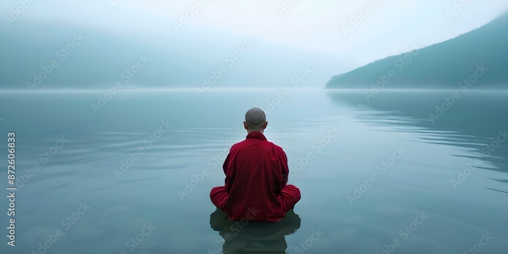 Fototapeta premium Serene and tranquil scene of a Tibetan monk meditating near water by misty mountains. Concept Meditation, Tibetan Monk, Serenity, Misty Mountains, Tranquil Scene