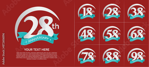 anniversary logotype set vector, silver color with green ribbon for special day celebration photo