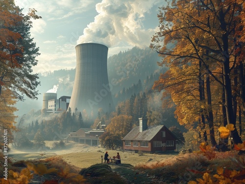 Nuclear power plant with advanced safety features, situated in a picturesque European forest, autumn colors, with a family having a picnic nearby, reinforcing the peaceful use of nuclear energy 