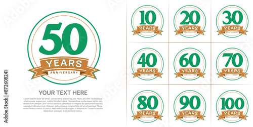 anniversary logotype set vector, green color with circle and brown ribbon for special day celebration
