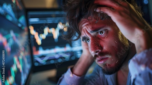 Close-up of a young man with a worried expression, holding his head while looking at a computer screen showing negative cryptocurrency news and plummeting values, depicting financial distress in the