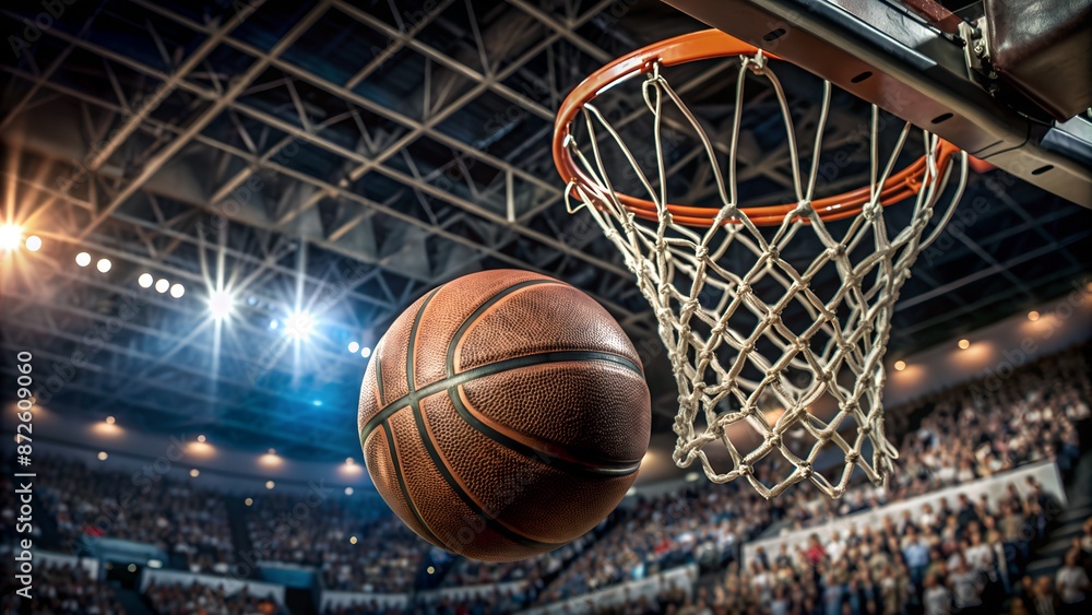 A basketball about to go through the hoop during a game in a packed indoor arena, capturing the excitement and action of the sport. A basketball about to go through the hoop during a game in a packed indoor arena, capturing the excitement and action of the sport.