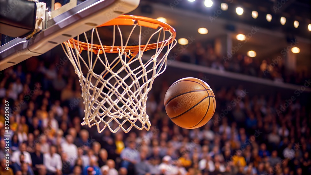 A basketball about to score in a packed stadium, capturing the thrilling moment during an intense game. A basketball about to score in a packed stadium, capturing the thrilling moment during an intense game.