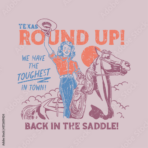 HAND DRAWN COWGIRL HORSE ANIMAL RODEO COWBOY WESTERN RETRO WOMAN GIRL VINTAGE TSHIRT TEE PRINT FOR APPAREL MERCHANDISE