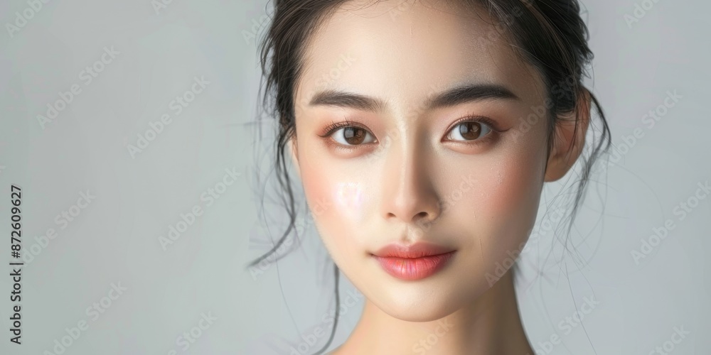 Fototapeta premium Beautiful Youthful Asian Girl with Korean-style Makeup in a Vivid Bokeh Light Background, Showcasing Glamorous Beauty, Perfect Skin, and Skincare Concepts for Commercial Advertising, AI-Generated, Hig