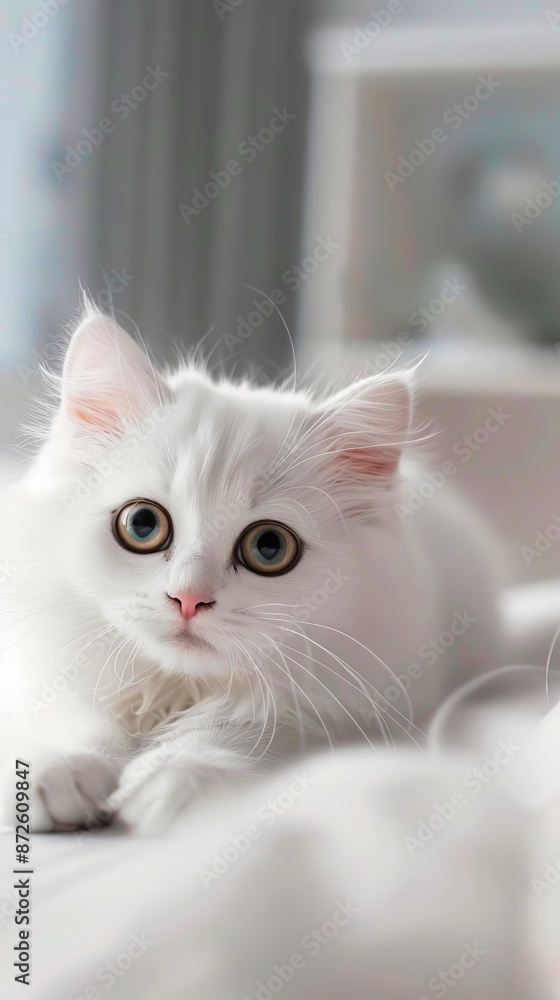 A white cat sitting on a bed looking at the camera.