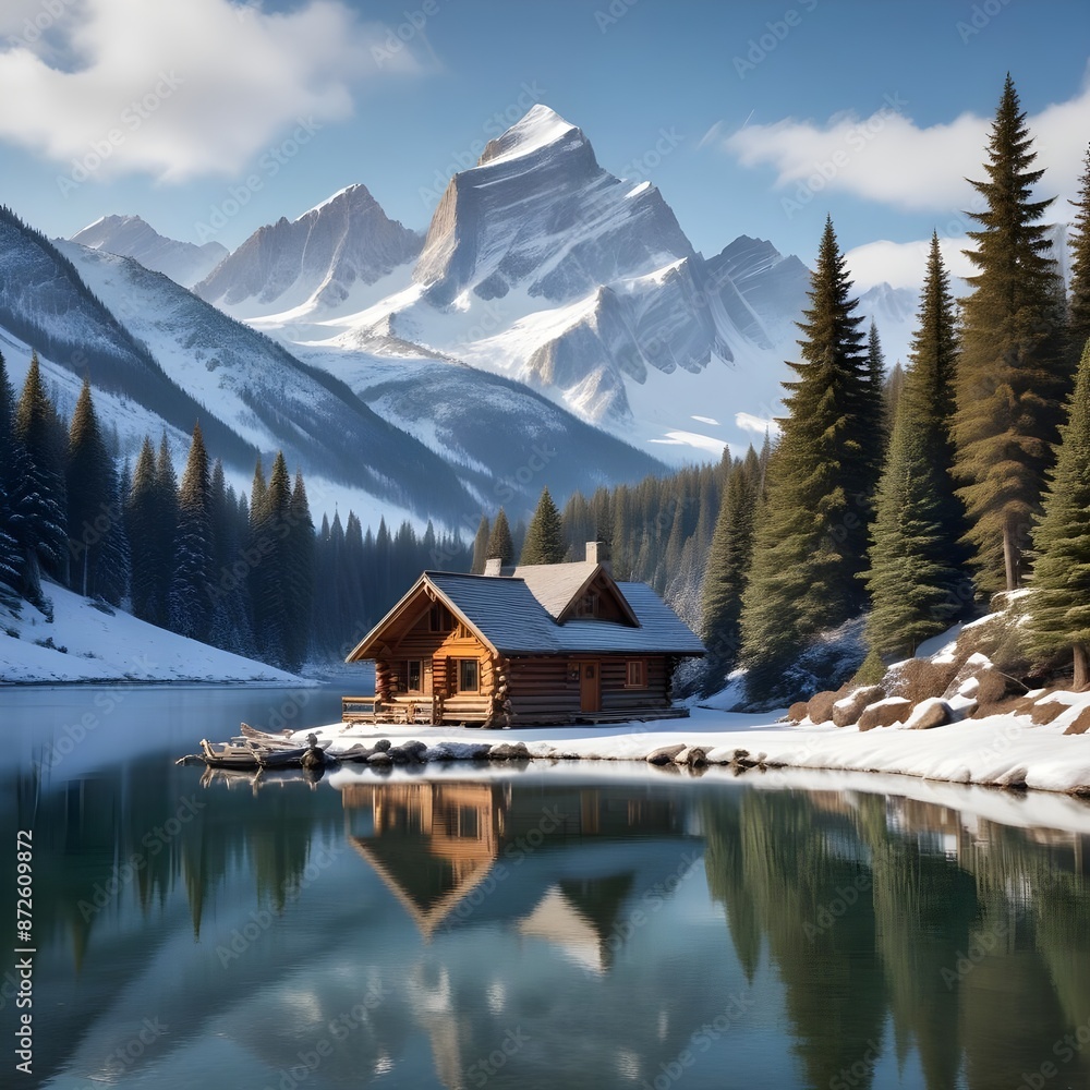Snowy mountain landscape with jagged peaks, a frozen lake, and a cabin nestled in the trees Snowy mountain landscape with jagged peaks, a frozen lake, and a cabin nestled in the trees
