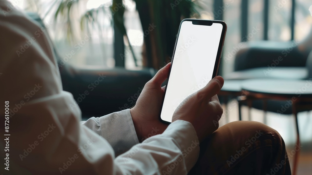 business man or woman sitting Holding a smartphone showing a white blank mobile phone screen, hand using a mobile phone close-up Precise control and high contrast, DSLR, high quality, ultra realistic, business man or woman sitting Holding a smartphone showing a white blank mobile phone screen, hand using a mobile phone close-up Precise control and high contrast, DSLR, high quality, ultra realistic,