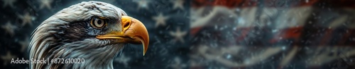 Bald Eagle Portrait Against Blurred American Flag Background
