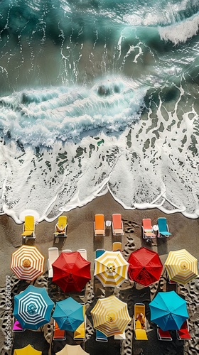 Aerial view of tropical beach scene in summer with beach umbrellas, beach chairs and the sea