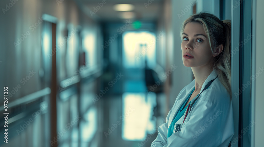Obraz premium Woman in white coat hospital hallway