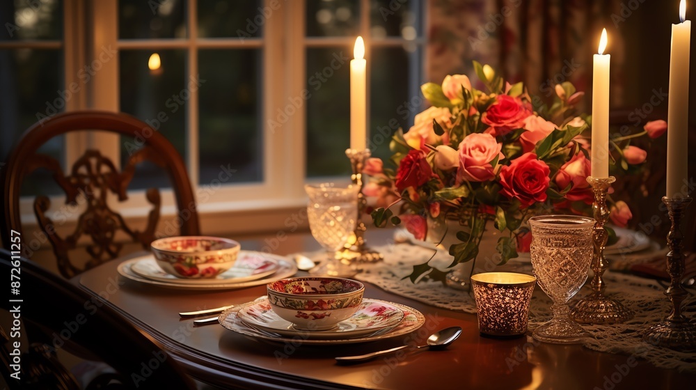 Romantic dinner table setting with candles, flowers, and fine china. Romantic dinner table setting with candles, flowers, and fine china.