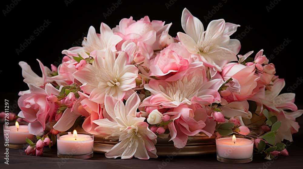 Pink flowers with candles on a black background Pink flowers with candles on a black background