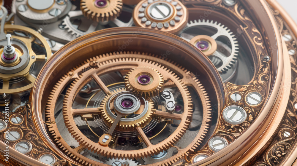 Obraz premium The image shows a close-up of a steampunk style mechanical device with gears and cogs.