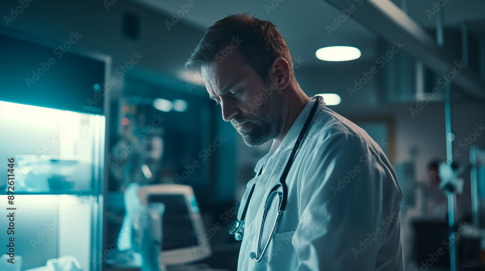 Male doctor in hospital room with laptop Male doctor in hospital room with laptop