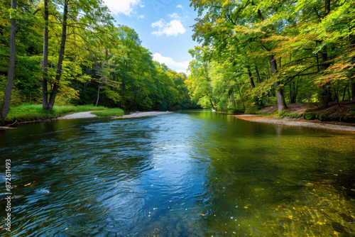 The photo shows a beautiful river flowing through a lush green forest