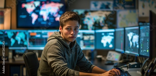 Young Man Working on Multiple Monitors With World Maps Displayed