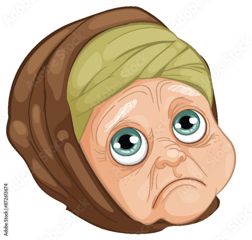 Elderly woman with sad expression and headscarf