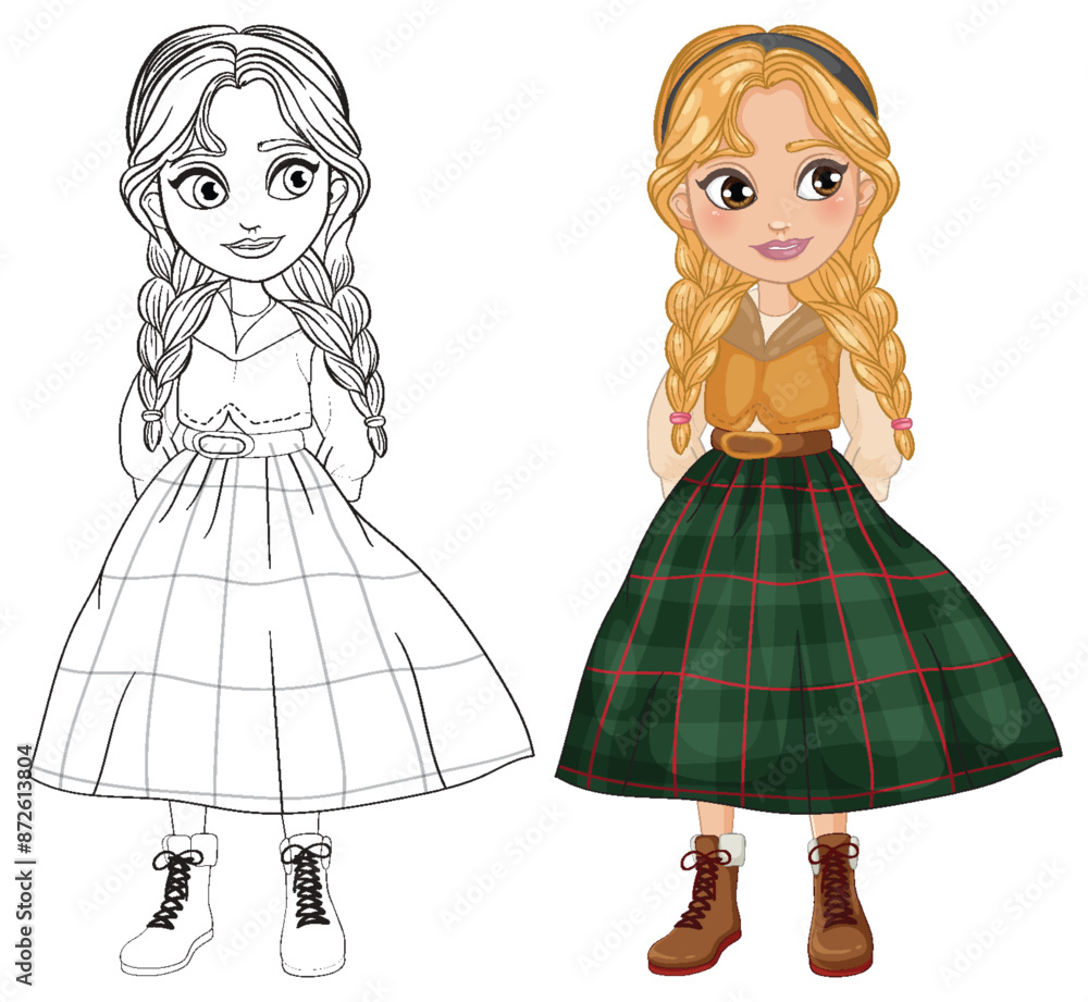 Fototapeta premium Illustration of a girl with braids and plaid skirt