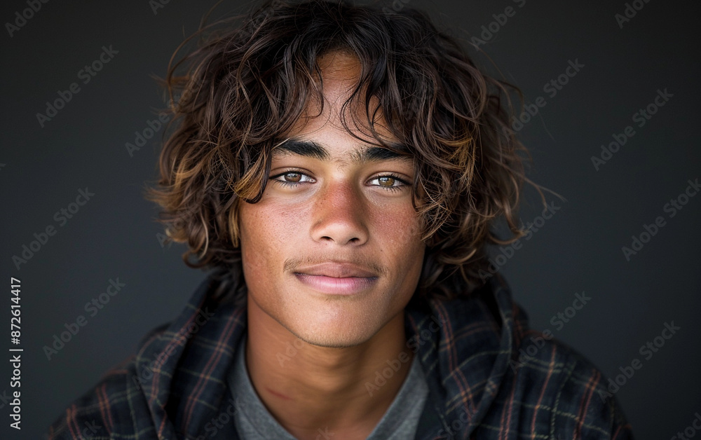 A young person of Native American descent, with long, curly hair and brown eyes, smiles directly at the camera A young person of Native American descent, with long, curly hair and brown eyes, smiles directly at the camera
