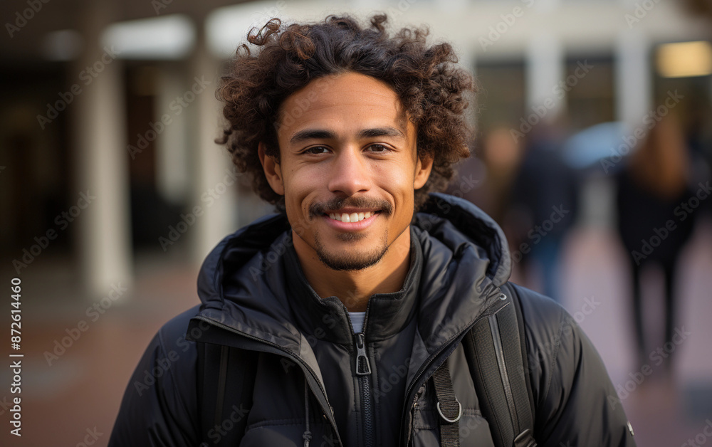 A young mixed race student intern smiles while on campus during the day A young mixed race student intern smiles while on campus during the day