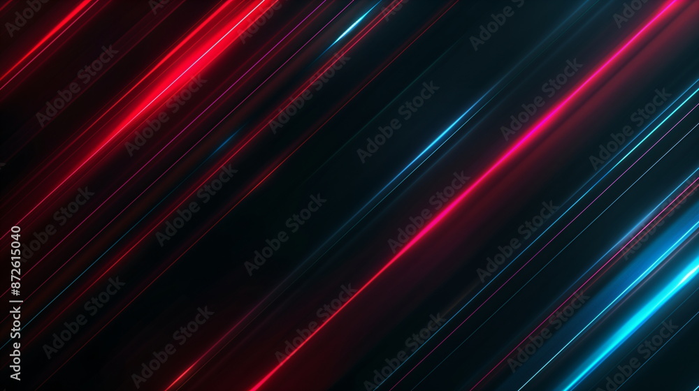 An abstract background with glowing red and blue diagonal neon lines conveying a sense of speed on a black background. Technology, speed, future concept. An abstract background with glowing red and blue diagonal neon lines conveying a sense of speed on a black background. Technology, speed, future concept.