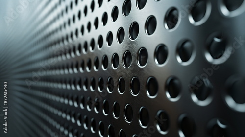 Close-up of perforated metal textured board surface with round holes. Close-up of the surface of the stainless steel perforated plate.