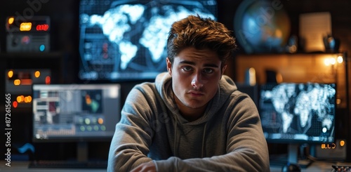 Young Man in Hoodie Working in Front of Multiple Computer Monitors With World...