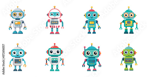 Cute robots with various designs and cheerful expressions. Vector cartoon illustration, children toy.