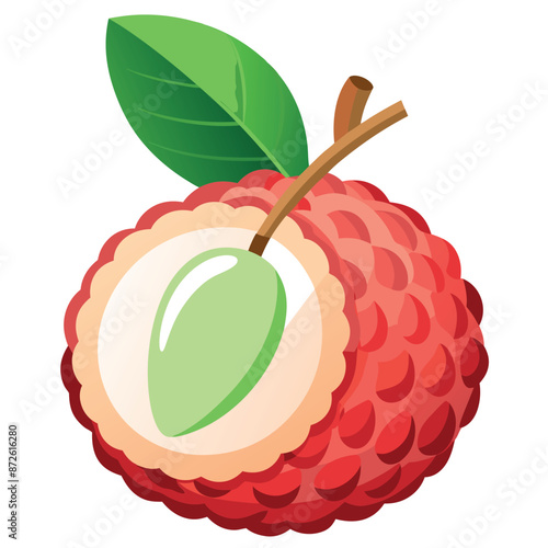 Vector illustration of a litchi fruit with a rough-closed pink-red rind and sweet flesh hanging from a tree branch