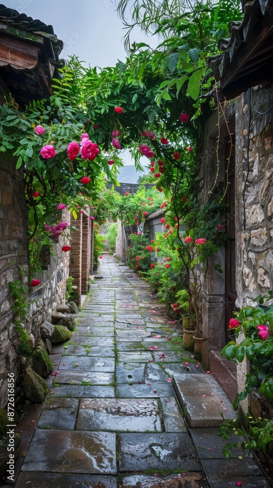 Chinese style ancient alley, surrounded by green plants and flowers, stone walls on both sides of the corridor have pink roses hanging down, slate road leading to distance, high definition photography Chinese style ancient alley, surrounded by green plants and flowers, stone walls on both sides of the corridor have pink roses hanging down, slate road leading to distance, high definition photography