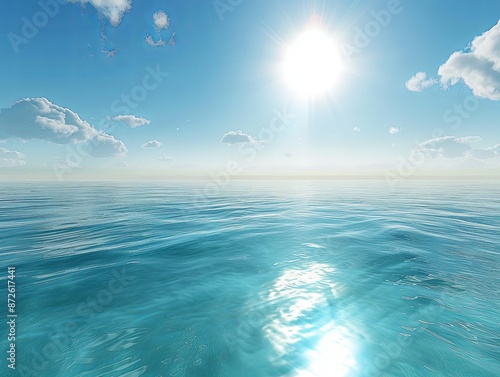 Serene Ocean Scene with Clear Blue Waters and Bright Sunlight Reflecting on the Water, No Land Visible on the Horizon, Scattered Clouds in the Sky photo