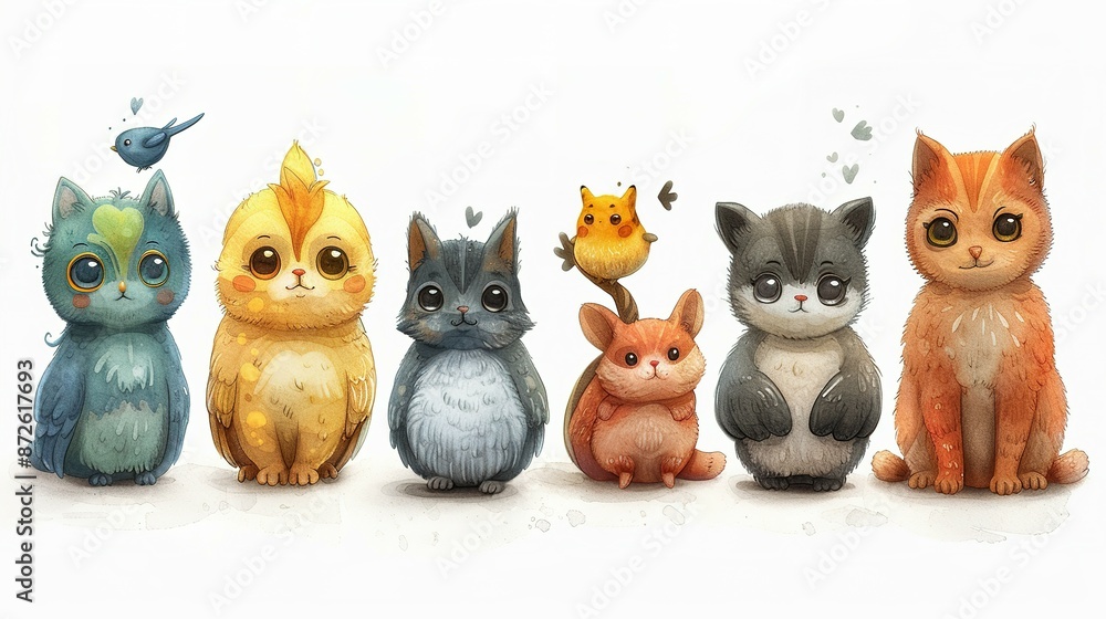 Fototapeta premium Doodle Style Cute Pets: Dog, Cat, Bird, Fish, Rabbit, Rat, Turtle Collection