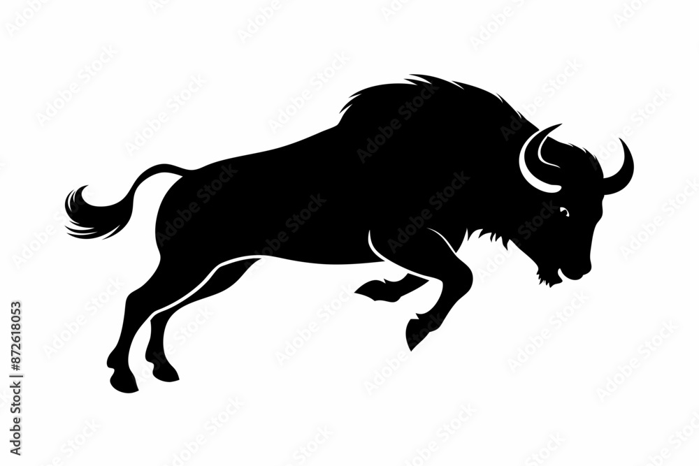 Obraz premium silhouette of a bull, bison vector illustration, bison silhouette, animal silhouette isolated vector Illustration, png, Funny cute bison, Jumping cartoon bisons