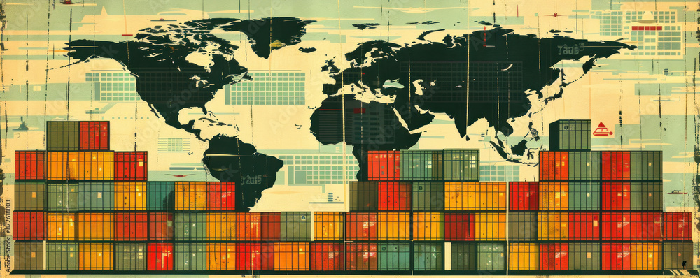 Naklejka premium A colorful map of the world with a large stack of containers on the right side. Concept of global trade and commerce, with the containers representing the movement of goods across the world