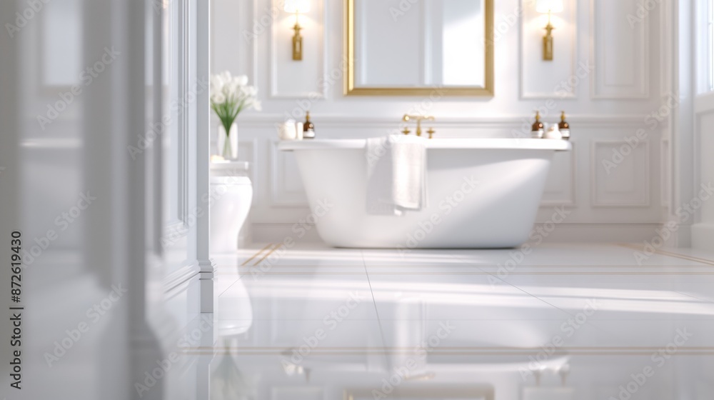 Fototapeta premium White bathtub in modern bathroom with gold accents and natural light.