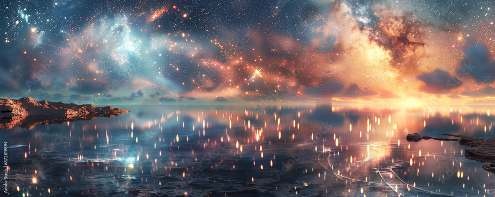 Fototapeta premium Desert lagoon at night, with the Milky Way stretching across the sky and the water mirroring the stars