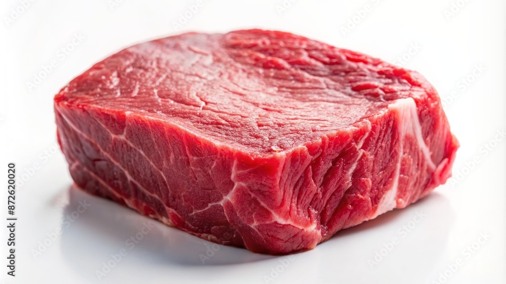 Fototapeta premium Juicy, tender, and expertly trimmed fillet steak beef meat, freshly cut, laid out on a clean, minimalist white background surface.