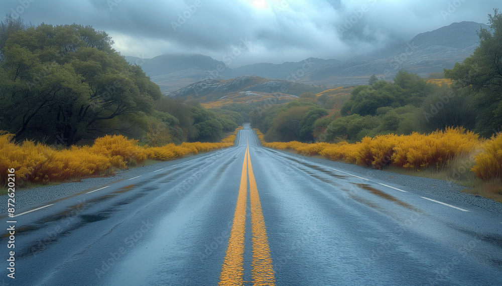 An empty road with yellow markings in the center, a foggy autumn day. The road goes into the distance An empty road with yellow markings in the center, a foggy autumn day. The road goes into the distance