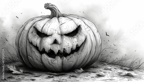 Line art sketch of dangerous Halloween pumpkin on white background. Copy space.