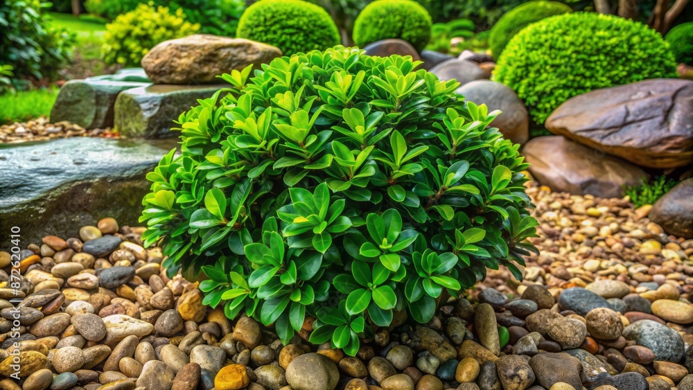 Dense, lush green bush with vibrant leafy foliage surrounds scattered rocks and pebbles on a rustic, earthen ground surface. Dense, lush green bush with vibrant leafy foliage surrounds scattered rocks and pebbles on a rustic, earthen ground surface.