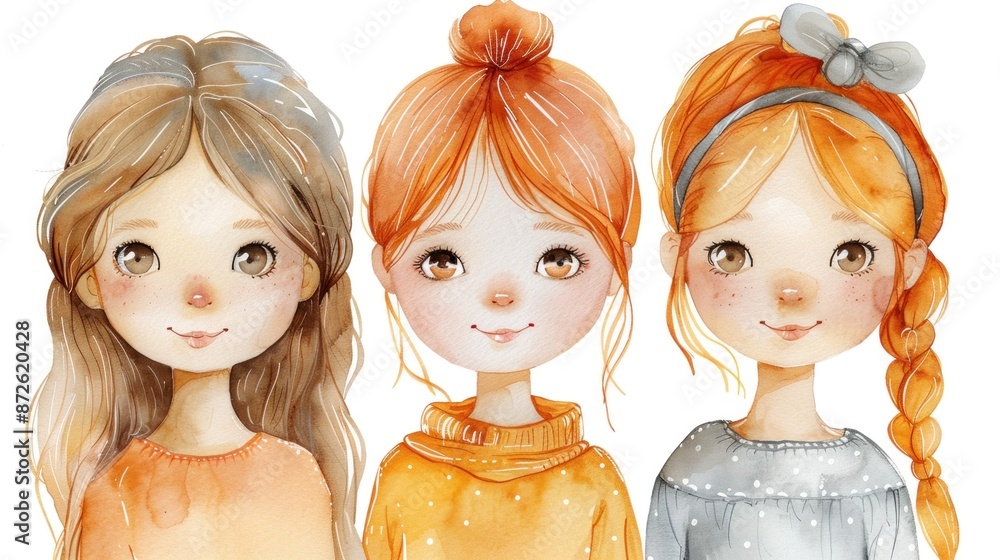 Three charmingly illustrated little girls, each with a unique hairstyle and colorful outfit, are depicted in a warm watercolor style. Three charmingly illustrated little girls, each with a unique hairstyle and colorful outfit, are depicted in a warm watercolor style.