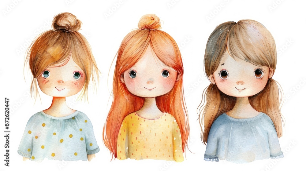 Three charmingly illustrated little girls, each with a unique hairstyle and colorful outfit, are depicted in a warm watercolor style. Three charmingly illustrated little girls, each with a unique hairstyle and colorful outfit, are depicted in a warm watercolor style.