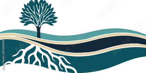 Abstract illustration of a tree with extensive roots on a wavy landscape, representing growth and stability, ideal for modern art and inspirational decor.