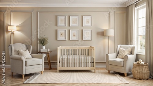 Neutral-toned nursery featuring empty frame on cream-colored wall amidst calming beige furniture and subtle textures, awaiting personal touches.